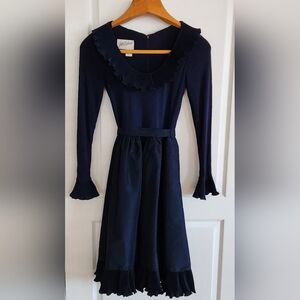 Jill Richards Womens XS Small Designer Dress Navy Blue Ruffles Long Sleeves Belt